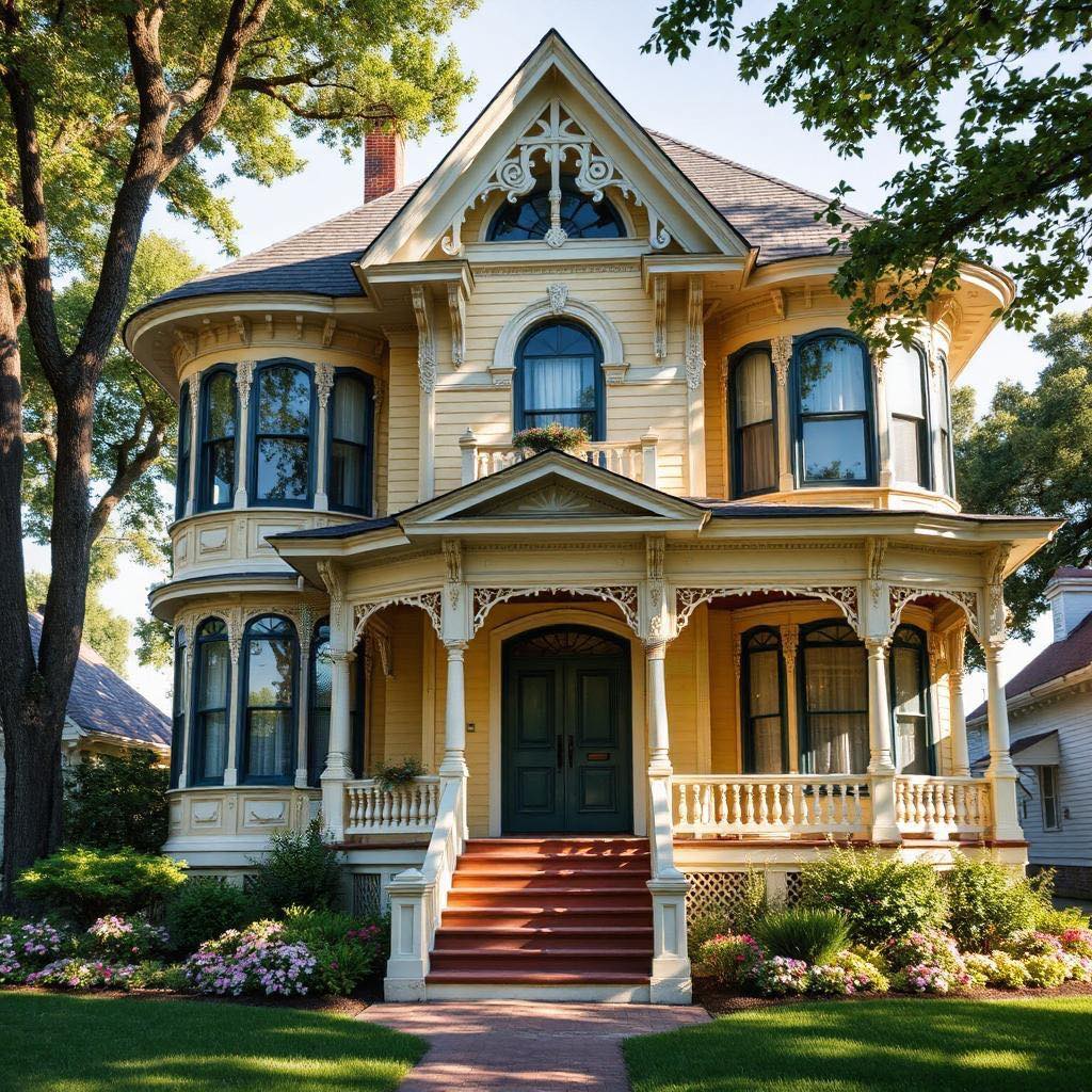 Yellow Victorian mansion with turret, ornate white trim, front steps, and landscaped garden
