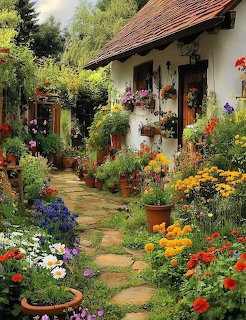White cottage with flowers and stepping stones in colorful garden