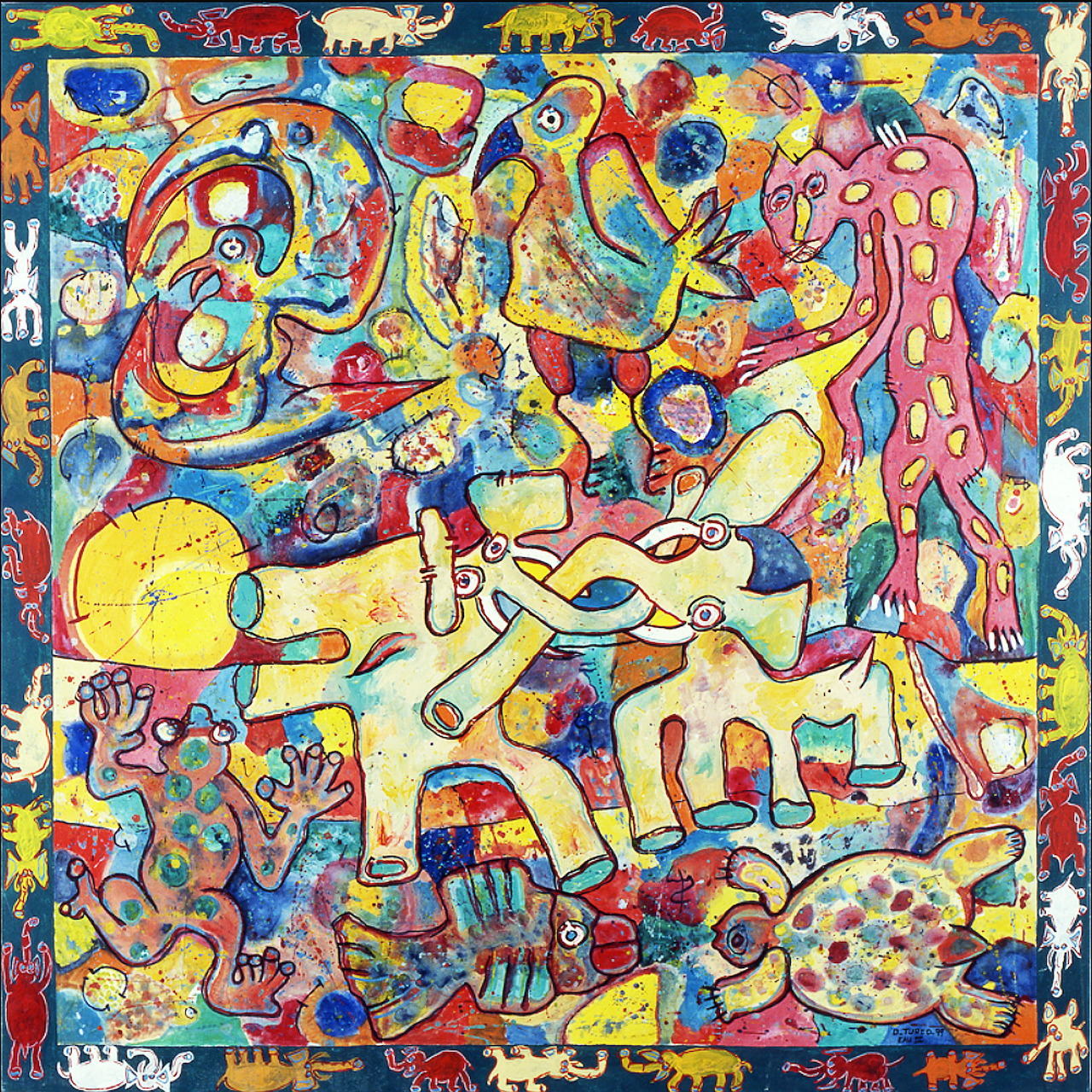 Colorful abstract painting with stylized elephants and fantastical creatures in bold vibrant colors