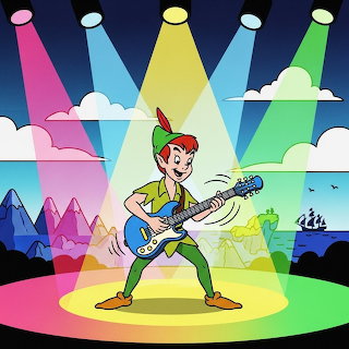 Cartoon Peter Pan playing an electric guitar under colorful spotlights on a stage