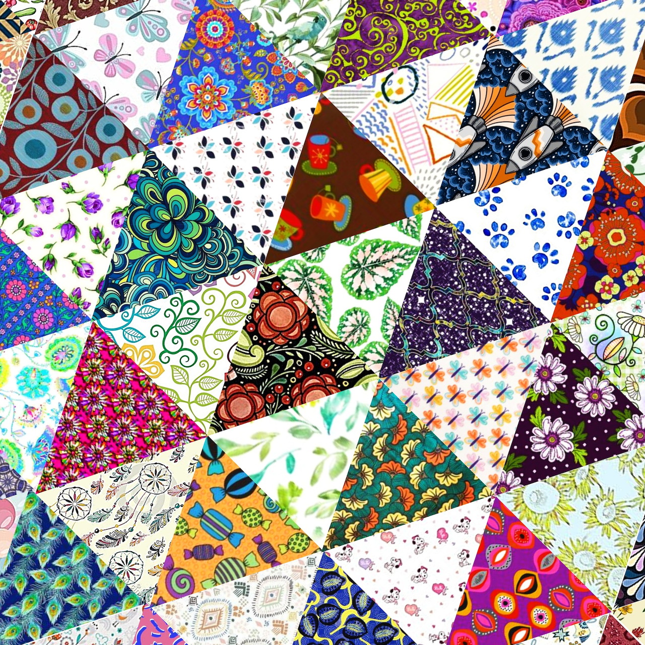 Colorful patchwork quilt made of triangular fabric pieces with diverse patterns and designs