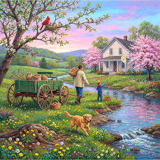 Spring farmhouse with cherry blossoms, family with dog by stream, vintage wagon, rolling hills under pink sunset sky