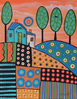 Folk art painting of a blue house on a hill with patchwork patterns, trees, and sunset sky
