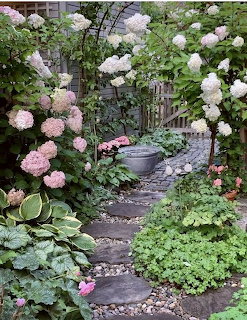 Stone pathway through garden with pink hydrangeas and decorative metal gate