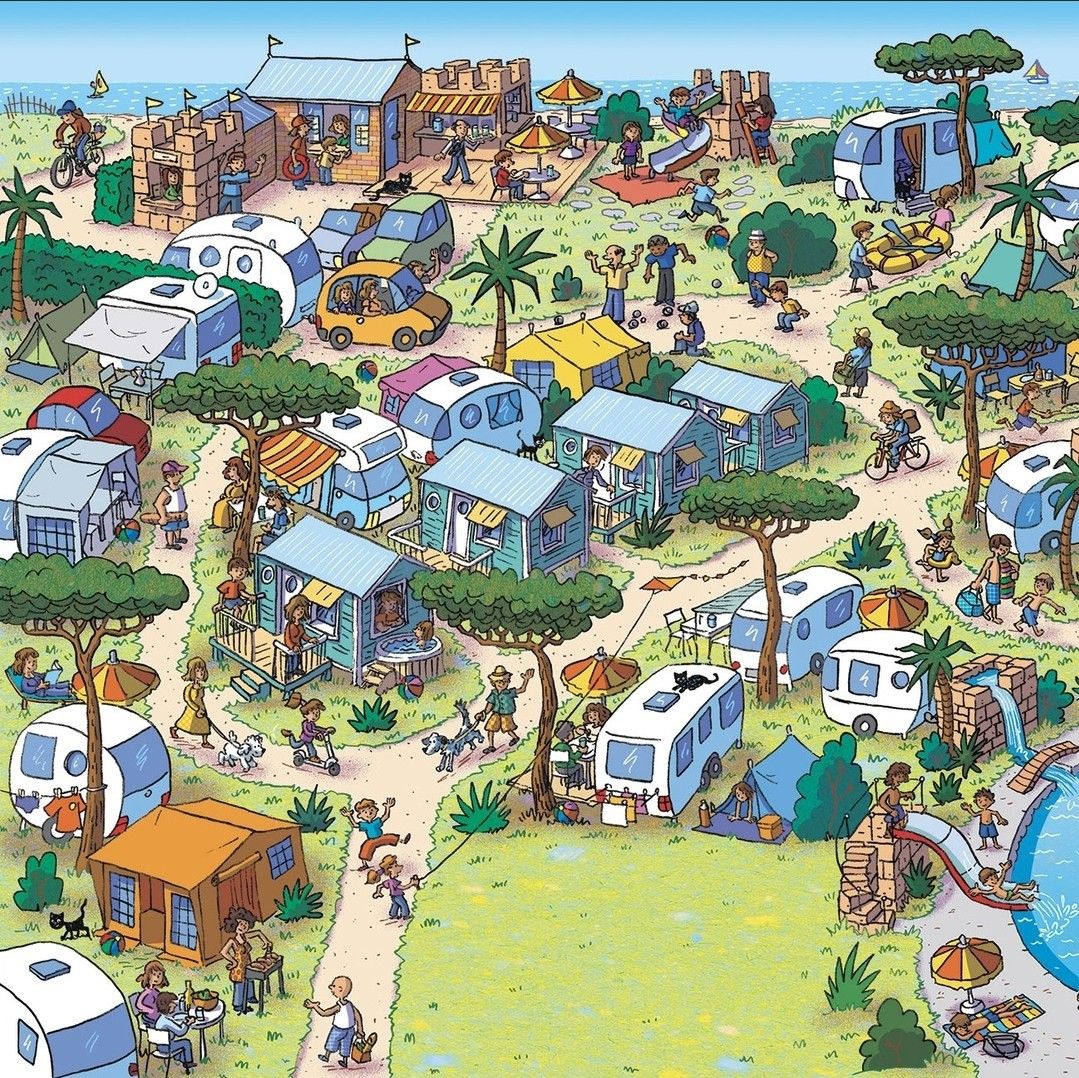 Aerial view illustration of a vibrant tiny home community with colorful small houses, RVs, trees, and people