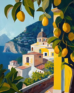 Painting of lemon tree branches framing an Amalfi Coast village with a domed church and sea view