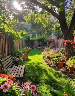 Backyard with lawn, garden plants and trees on a sunny day
