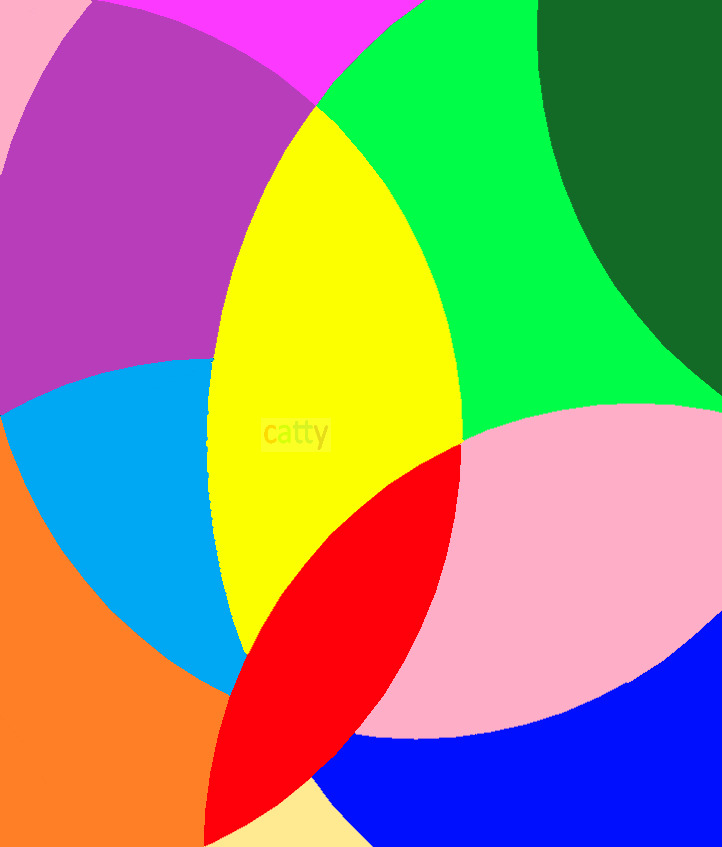 Abstract art with overlapping curved colorful shapes in purple, yellow, green, red, blue, orange, and pink