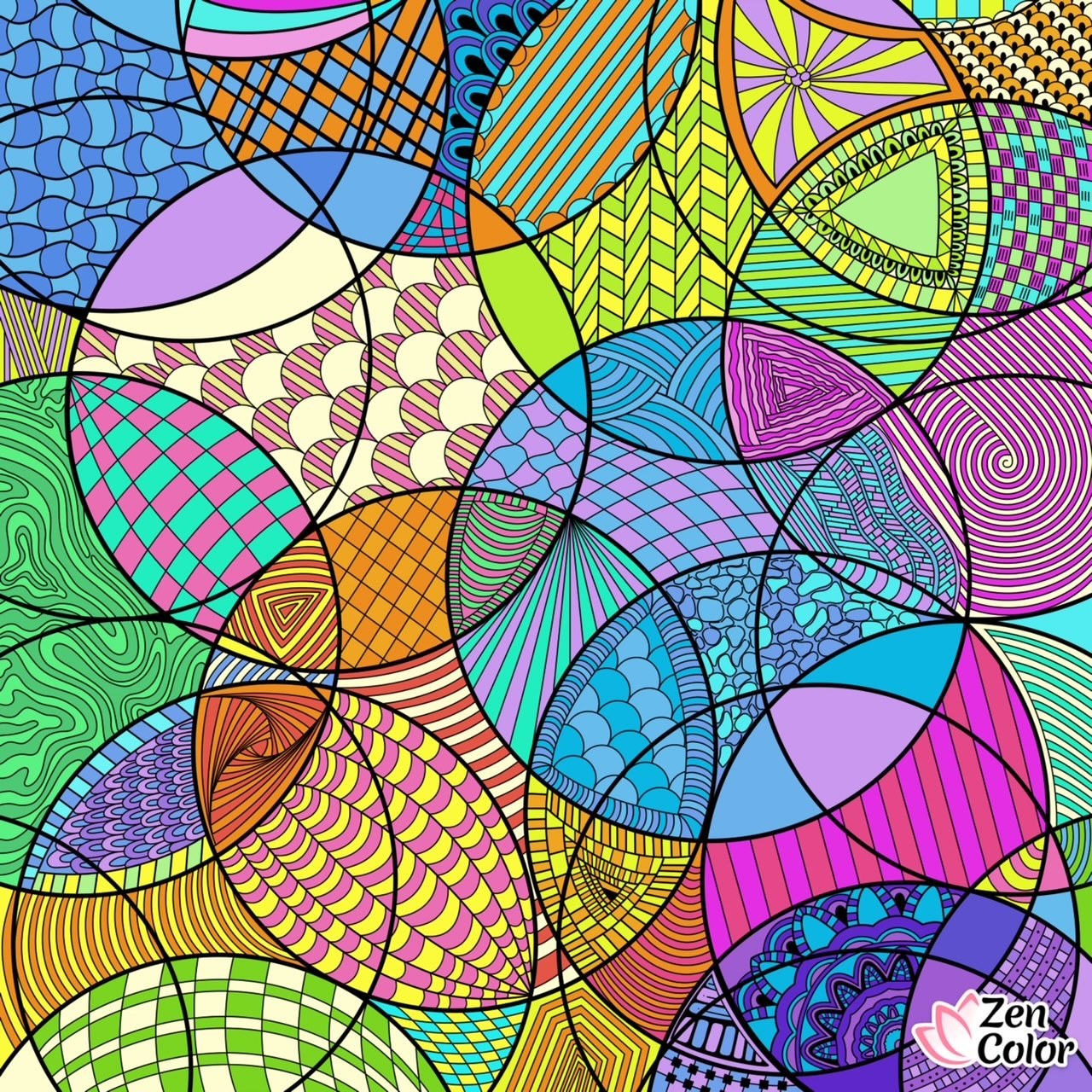 Abstract geometric shapes filled with colorful patterns like stripes, dots, checkers, and waves creating a vibrant mosaic