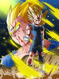 Majin Vegeta powering up with golden Super Saiyan aura and clenched fists in Dragon Ball Z art style