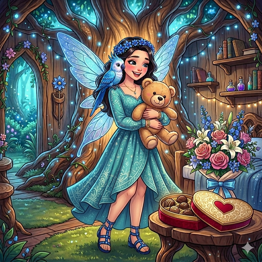 Fairy girl with blue wings holding teddy bear in enchanted forest cottage with glowing magical lights