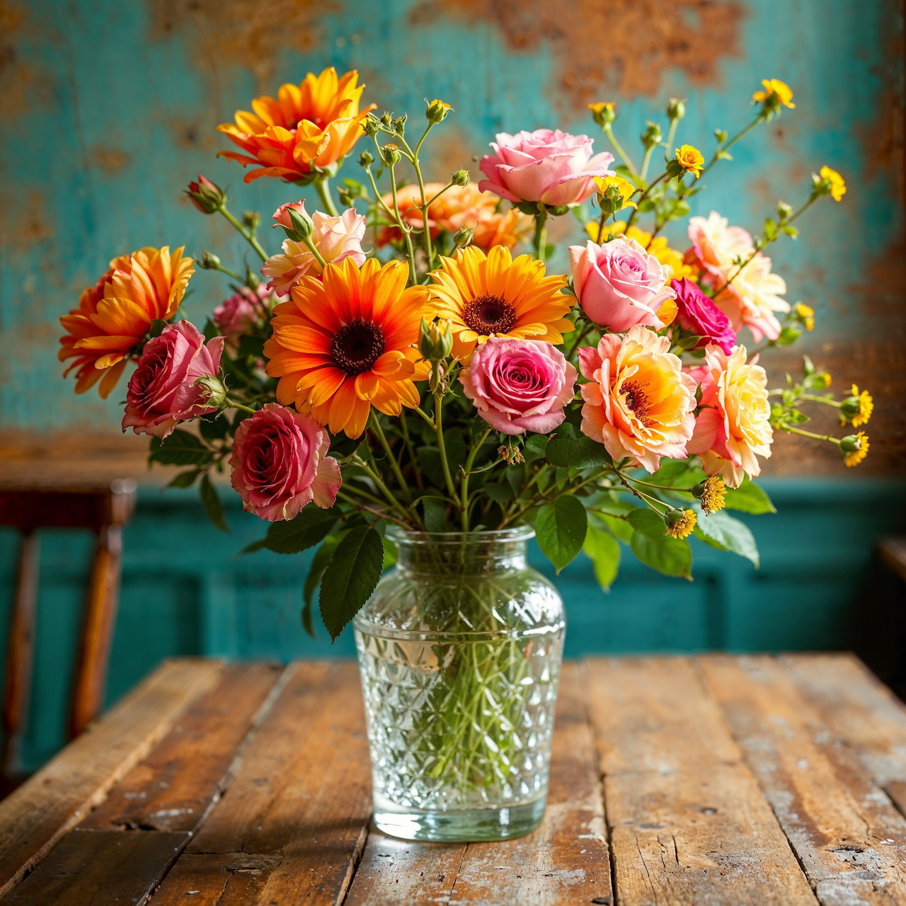 Glass Vase with Colorful Flowers