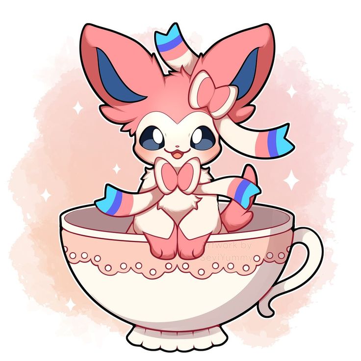 Adorable pink Sylveon Pokémon character sitting in an ornate teacup with colorful ribbons