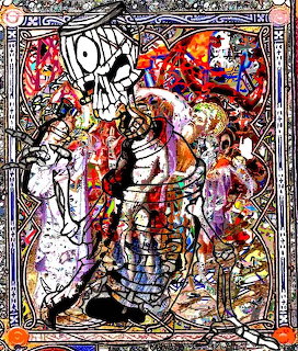 Colorful chaotic illustration of a skeleton figure with splattered paint and comic-style characters in a decorative frame