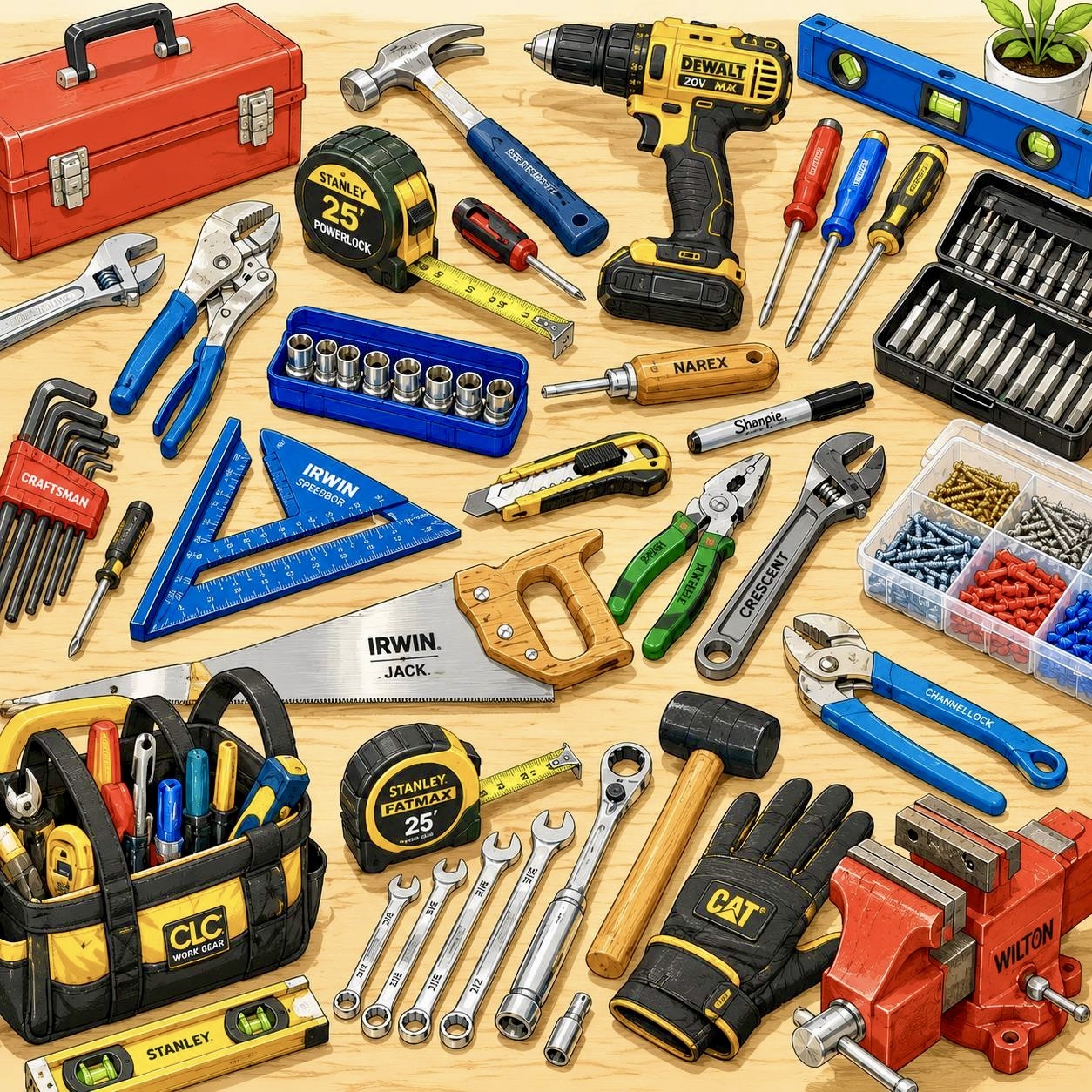 Assorted tools on a wooden table, including drill, wrenches, screwdrivers, tape measures, and toolbox