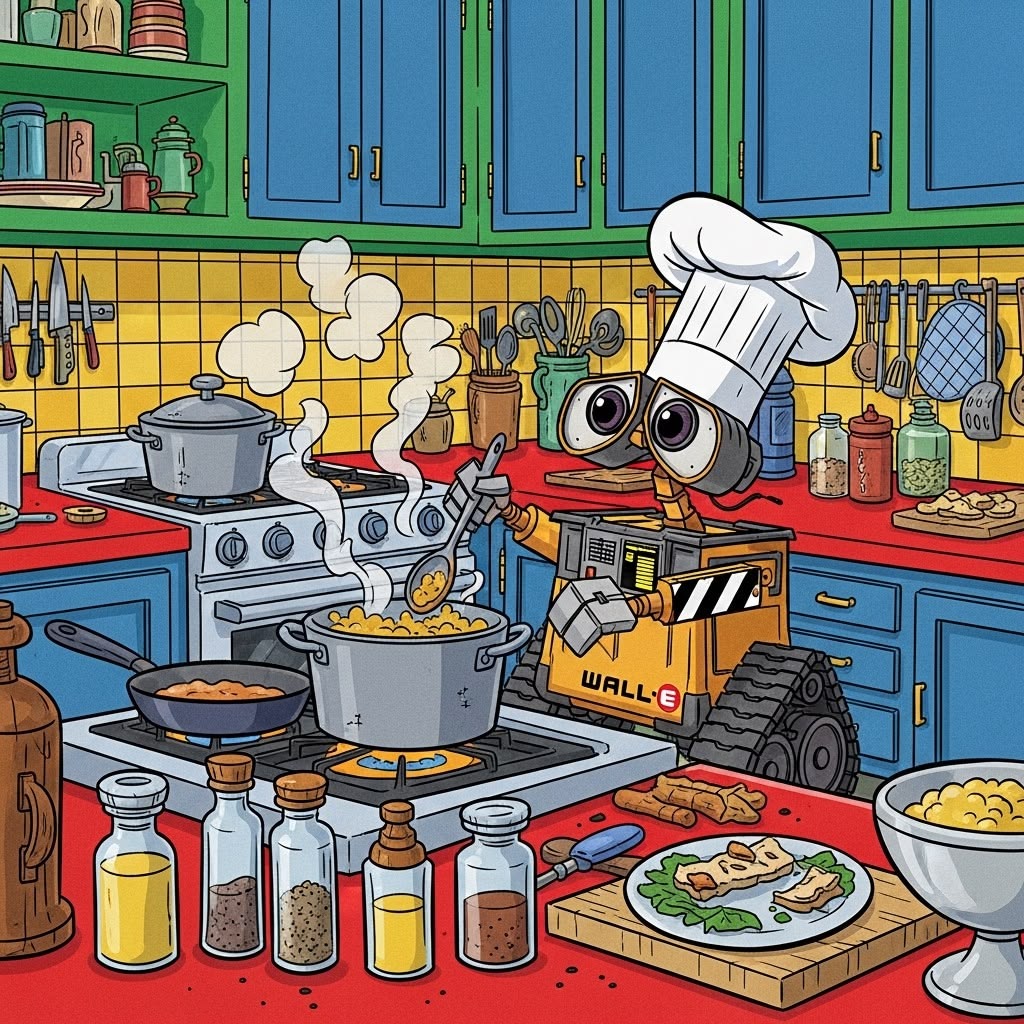 WALL-E robot in chef hat cooking at stove in bright cartoon kitchen with blue cabinets and yellow tile backsplash