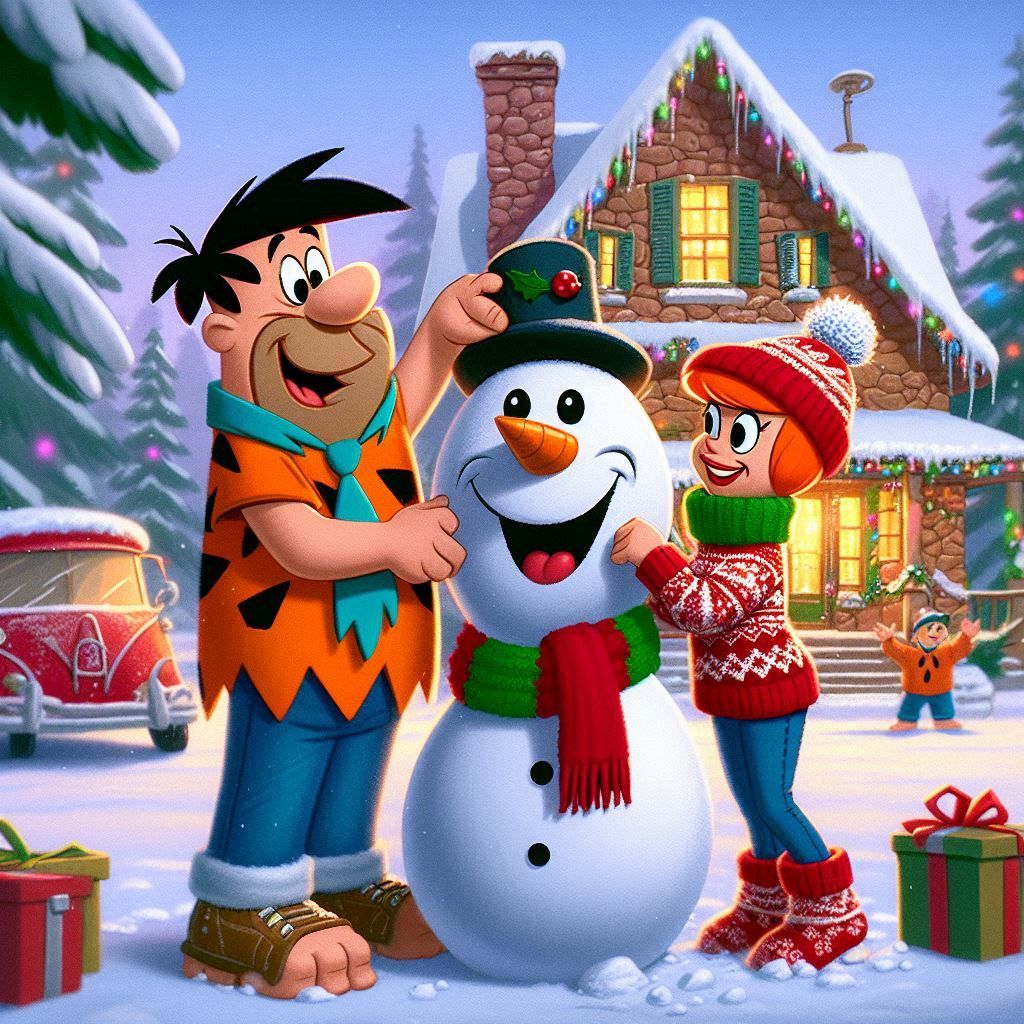 Fred and Wilma Flintstone with snowman in front of Christmas cottage with gifts and snow