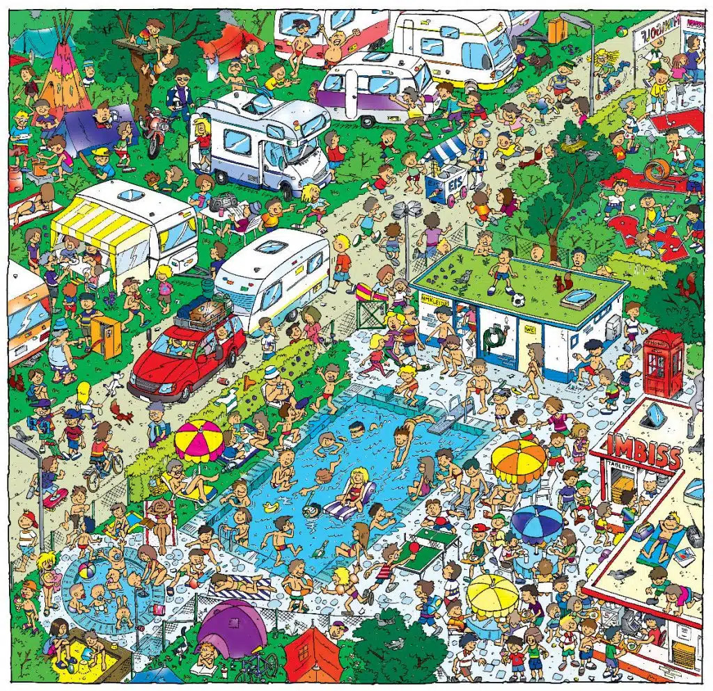 Cartoon illustration of a busy campground with people, RVs, tents, and a lake with swimmers