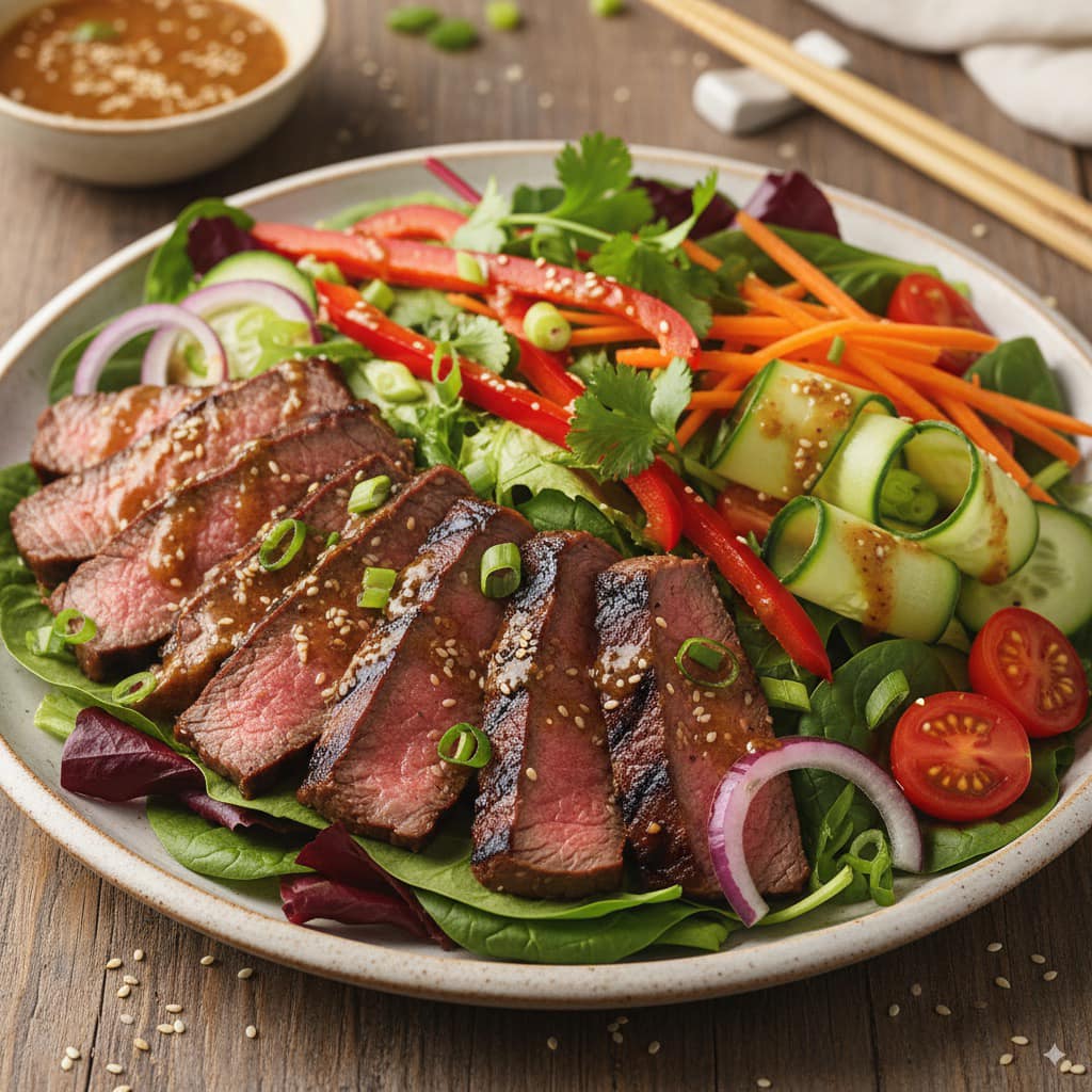 Grilled steak slices on mixed greens with vegetables and herbs on a white plate