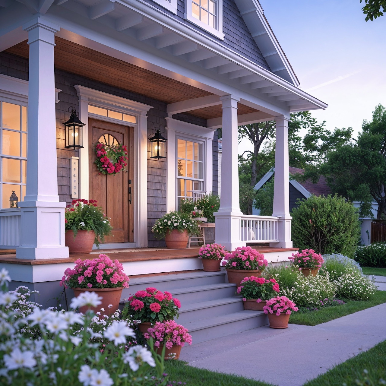 Twilight view of home porch with white pillars, flower pots, and decorative wreath on door