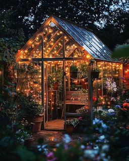 Glass greenhouse glowing with string lights in a flower garden at dusk