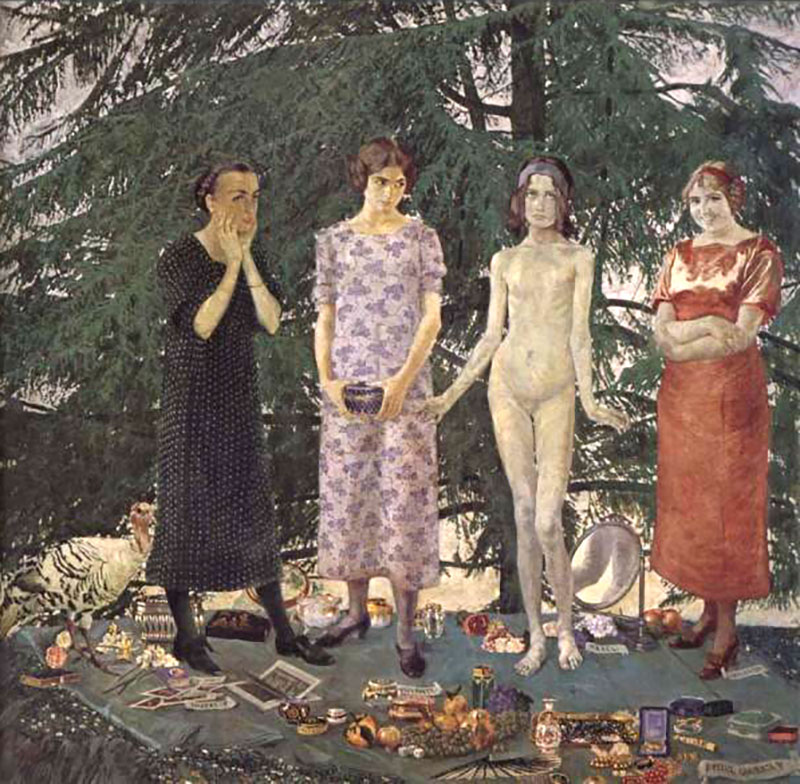 Four women in vintage 1920s-30s clothing standing in a row outdoors under evergreen trees with scattered fruits
