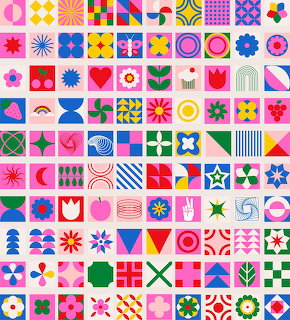 Grid of colorful geometric pattern tiles with flowers, stars, and abstract shapes in bright colors