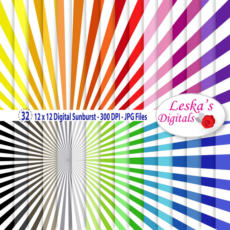 Multicolored sunburst pattern with radiating rays in rainbow colors converging at center