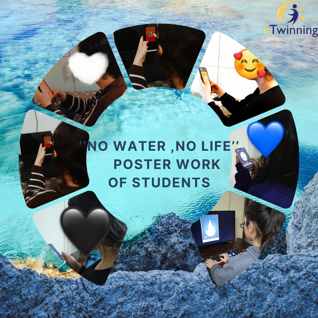Circular student poster reading 'NO WATER, NO LIFE' on an ocean background with photo cutouts