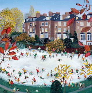 Painting of skaters on a snowy pond in front of brick houses with autumn leaves around the scene