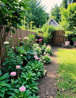 Garden path with pink flowers, green plants, wooden fence, and cottage in background