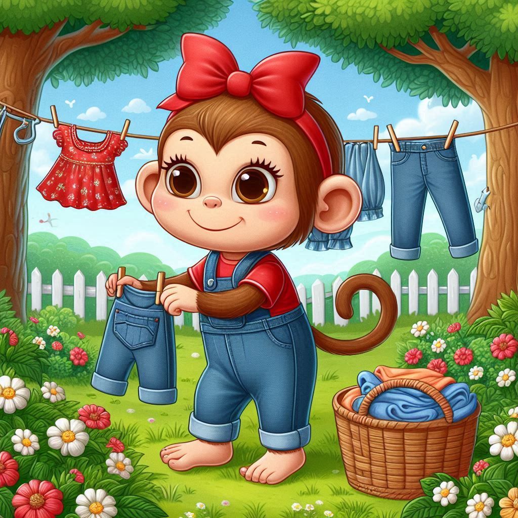 Cartoon monkey character hanging laundry on clothesline in colorful garden