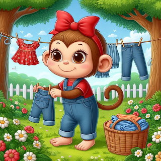 Cartoon Monkey Hanging Laundry