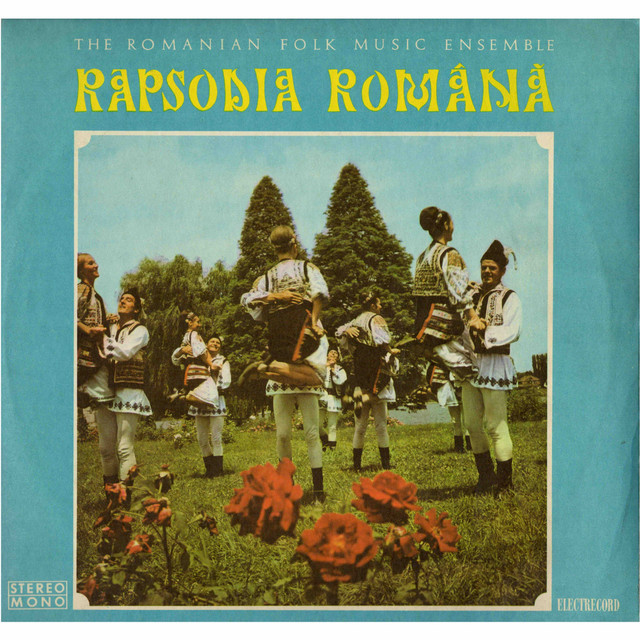 Vintage album cover with Romanian folk musicians in traditional clothing standing outdoors on grass