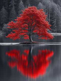 Bright red tree reflected in calm lake water with gray forest behind