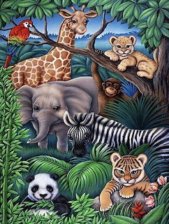 Illustrated collage of seven jungle animals including giraffe, elephant, tiger, zebra, panda, monkey and parrot in greenery