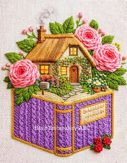 Embroidered cottage with thatched roof, pink roses, and purple decorative border on cream fabric