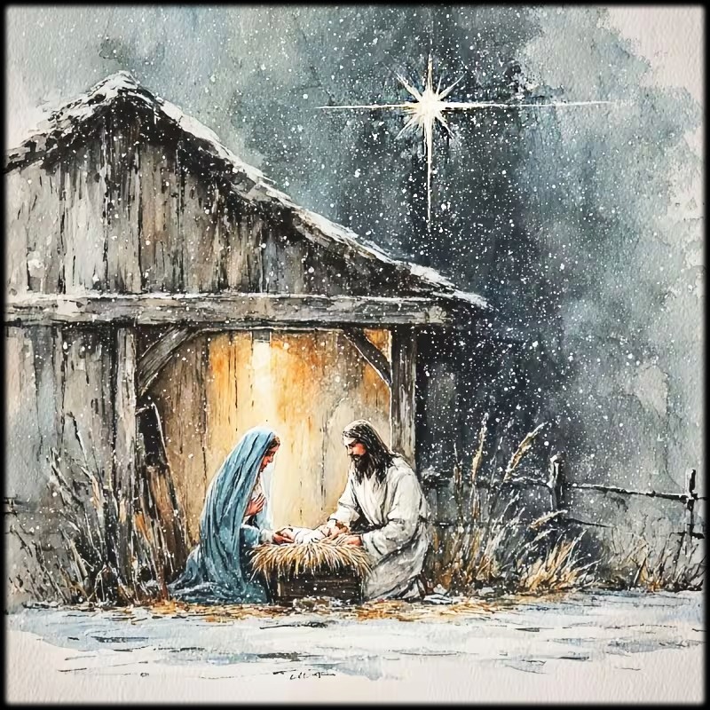 Watercolor nativity scene with Mary, Joseph, baby Jesus in manger under star, stable background