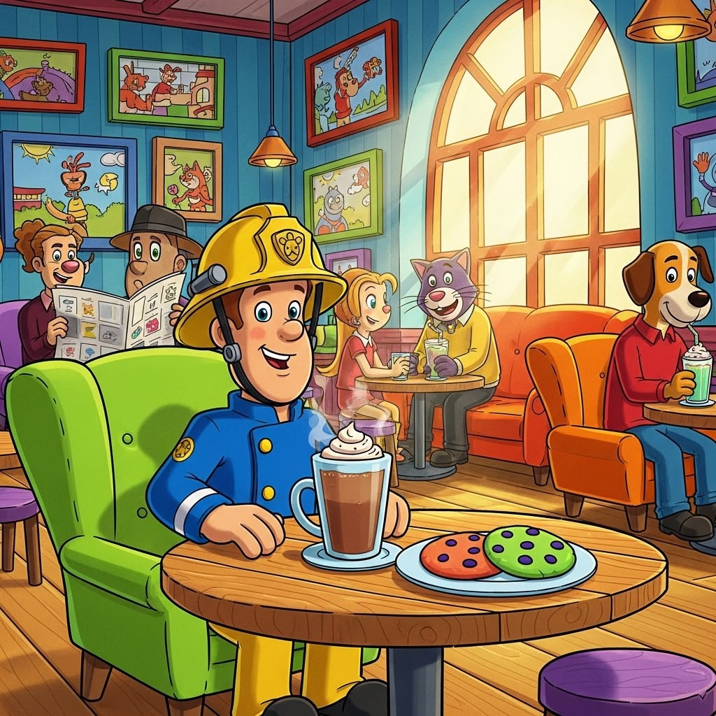 Cartoon character in blue uniform sitting at cafe table with coffee and colorful cookies in vibrant illustrated room