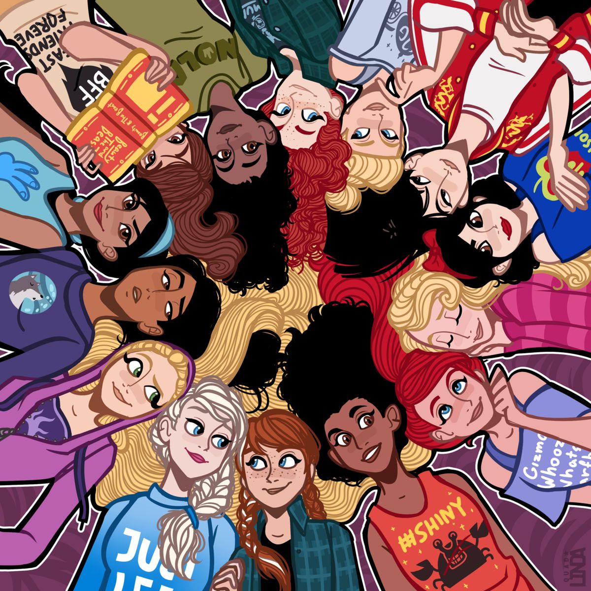 Circle of diverse Disney princess characters illustrated from above in colorful outfits