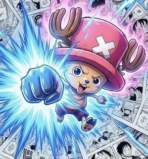 Chopper from One Piece punching forward with blue energy effect and manga background