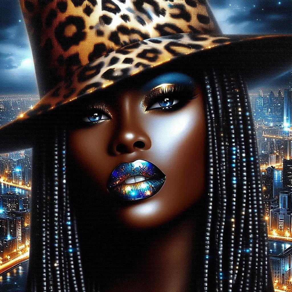 Digital portrait of a glamorous woman with shimmering makeup, braids, and a leopard-print hat over a city skyline