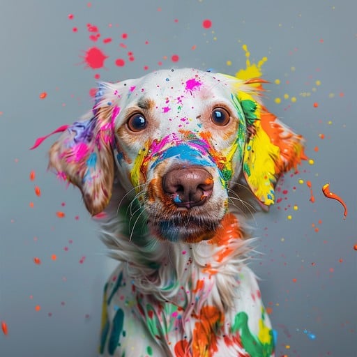 White dog portrait with bright multicolored paint splattered across its face and fur