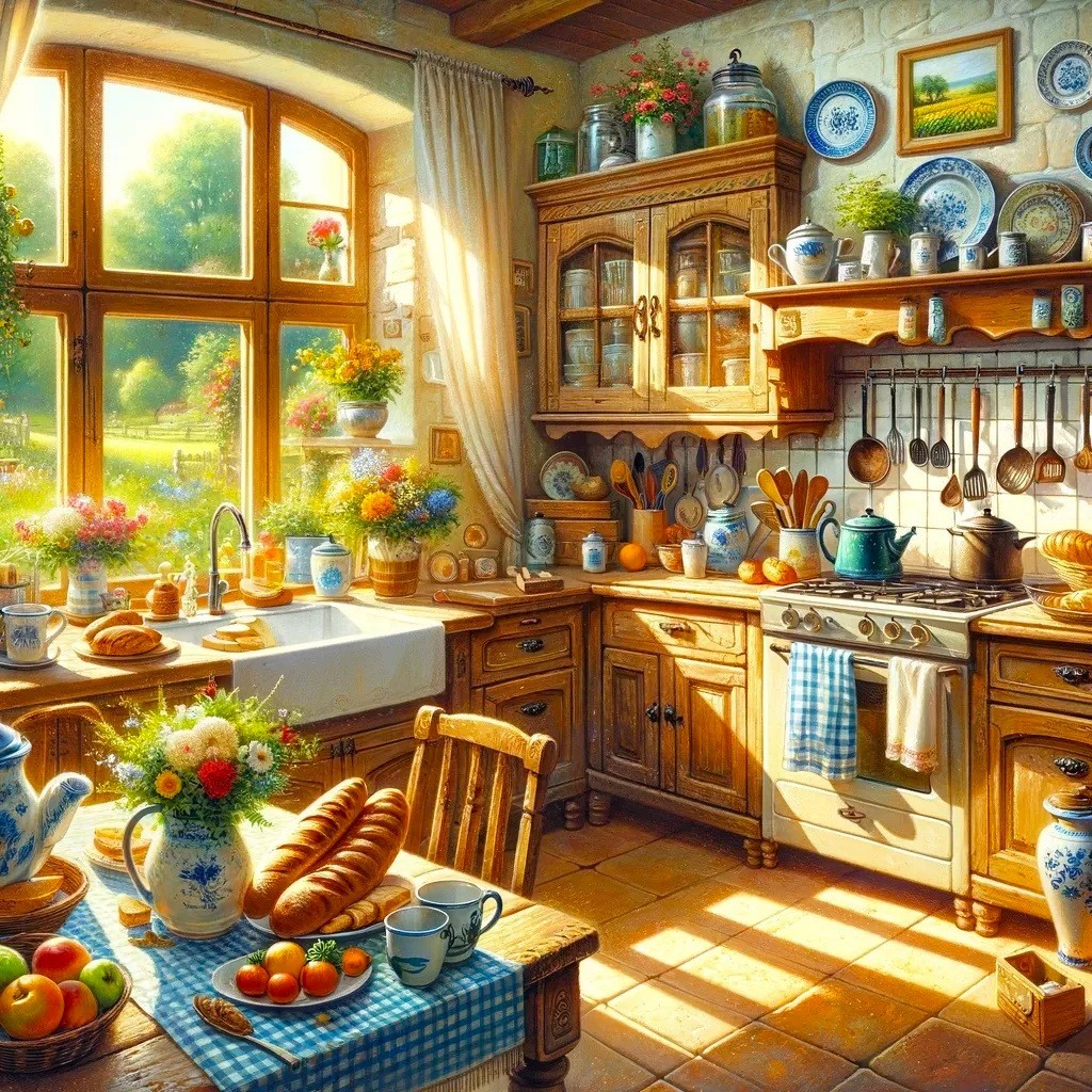 Sunlit rustic kitchen with wooden cabinets, flowers, fresh bread, fruit baskets, and blue checkered cloth