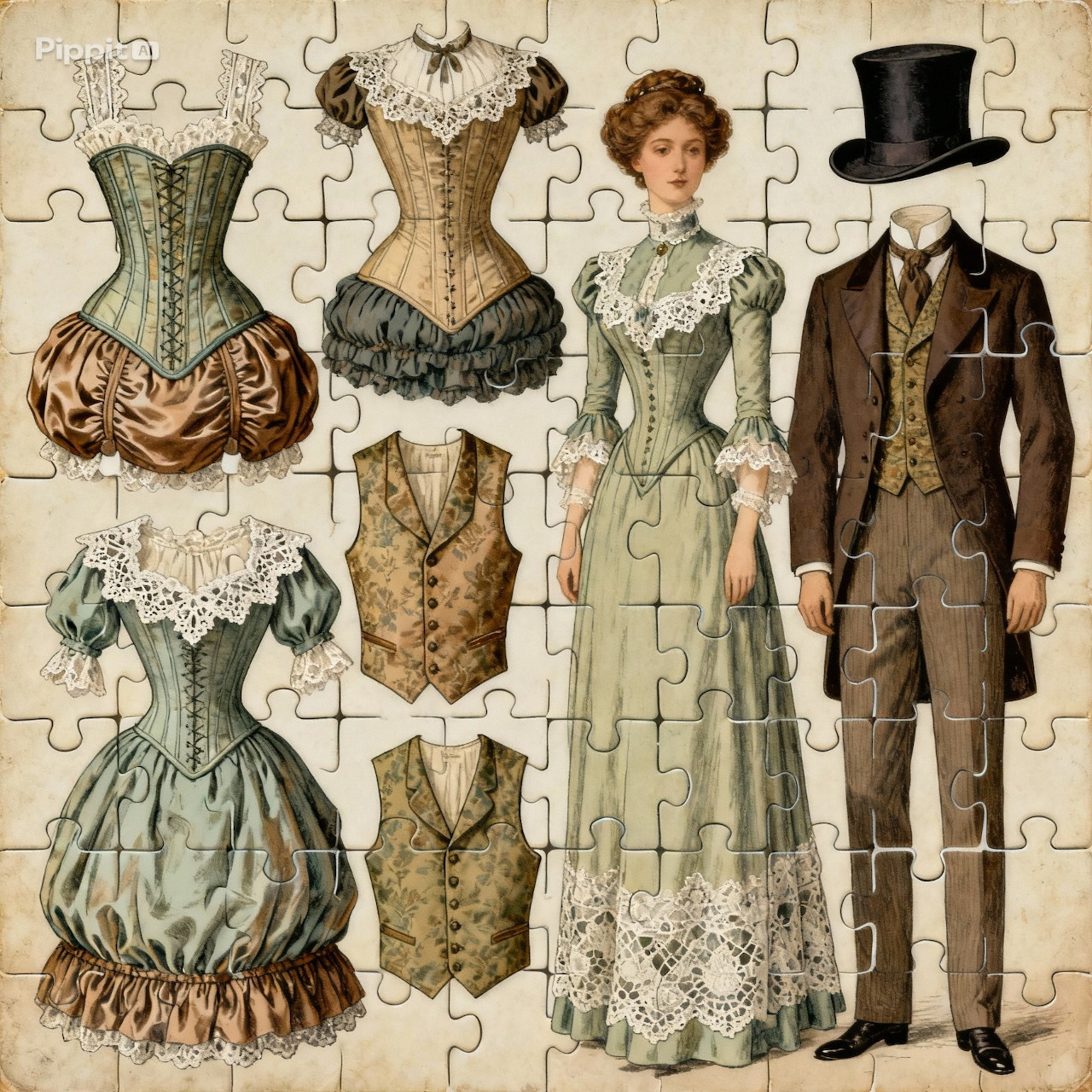 Vintage Victorian fashion illustration with dresses, corsets, a woman, and a formally dressed man