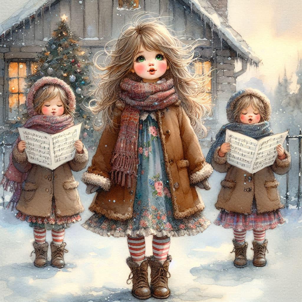 Illustrated children in winter coats singing carols in the snow outside a decorated house