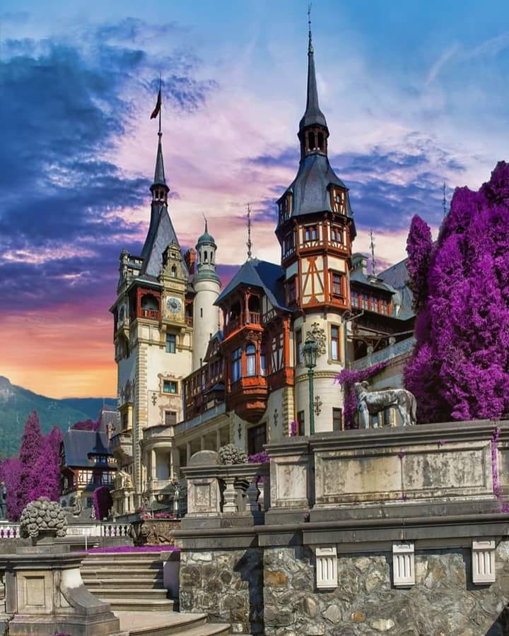 Peles Castle at sunset with ornate towers and purple foliage in Sinaia, Romania