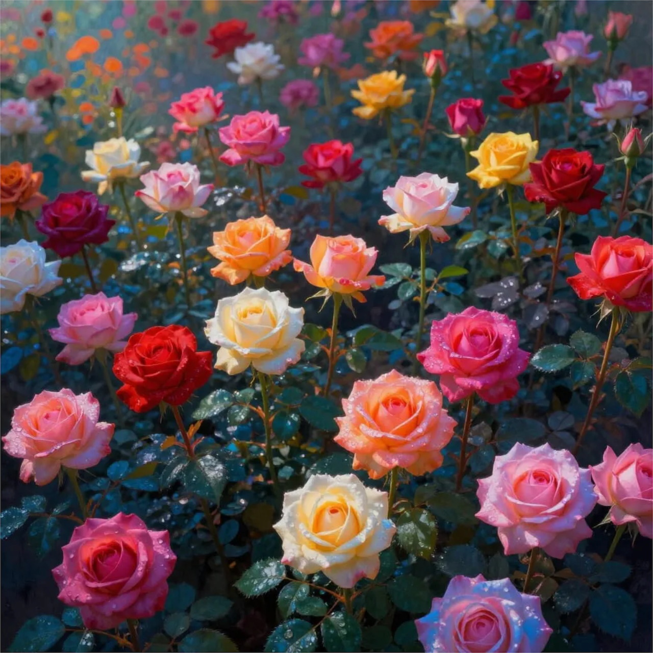 Colorful rose garden with red, pink, yellow, and purple blooms