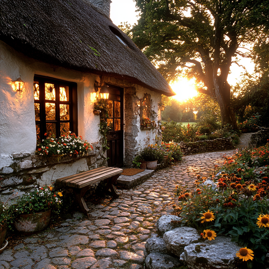 White thatched cottage with wooden bench on stone path surrounded by flowers at sunset