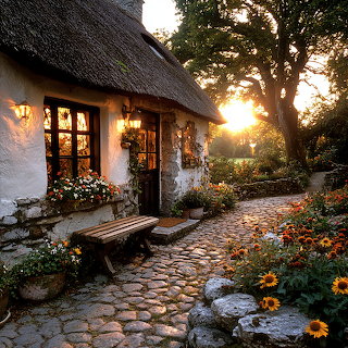 Thatched Cottage at Sunset